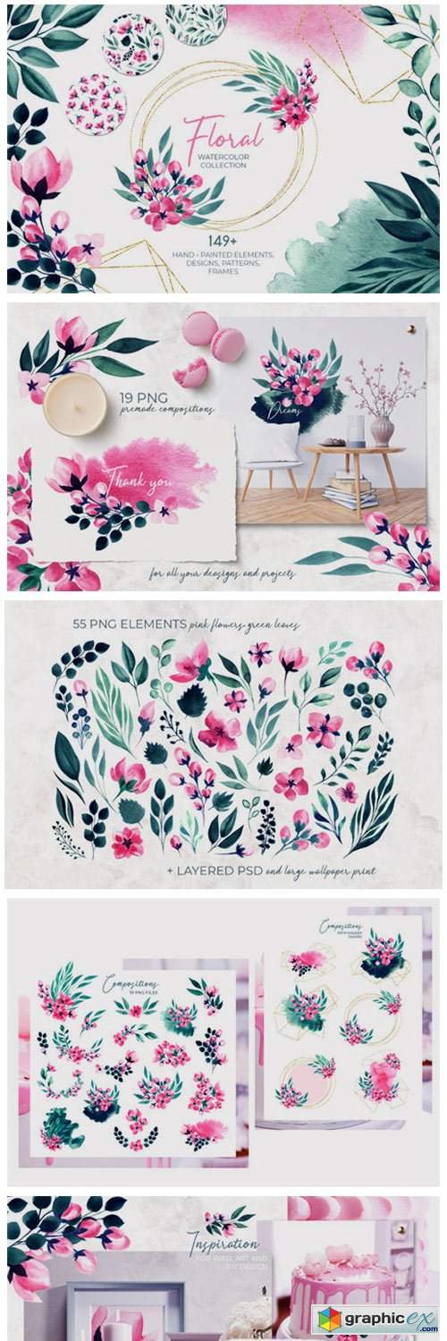  Floral Watercolor Collection. Pink Green 