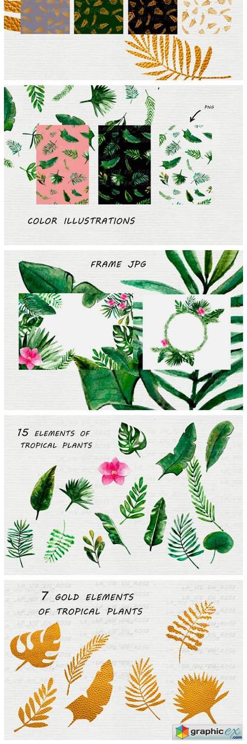 Watercolor Clipart with Tropical Leaves
