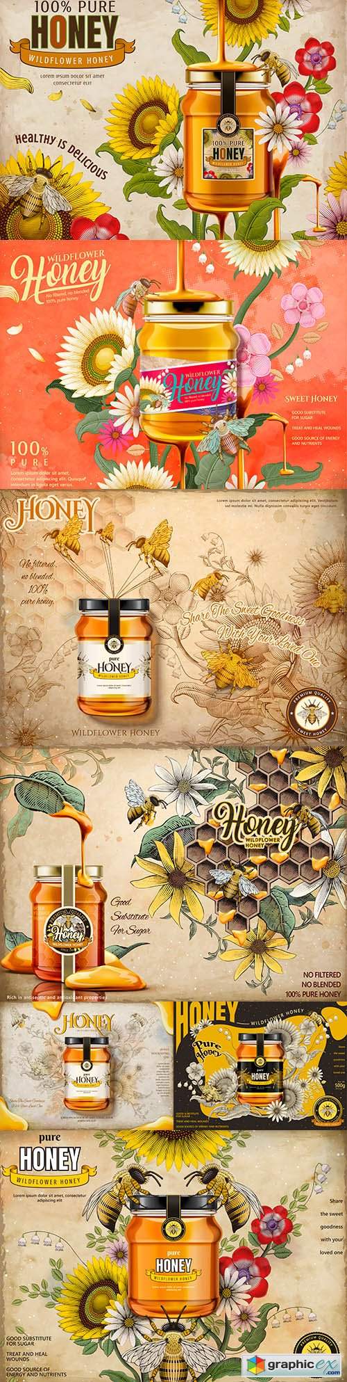  Advertising tasty honey from field flowers in glass jar illustration 