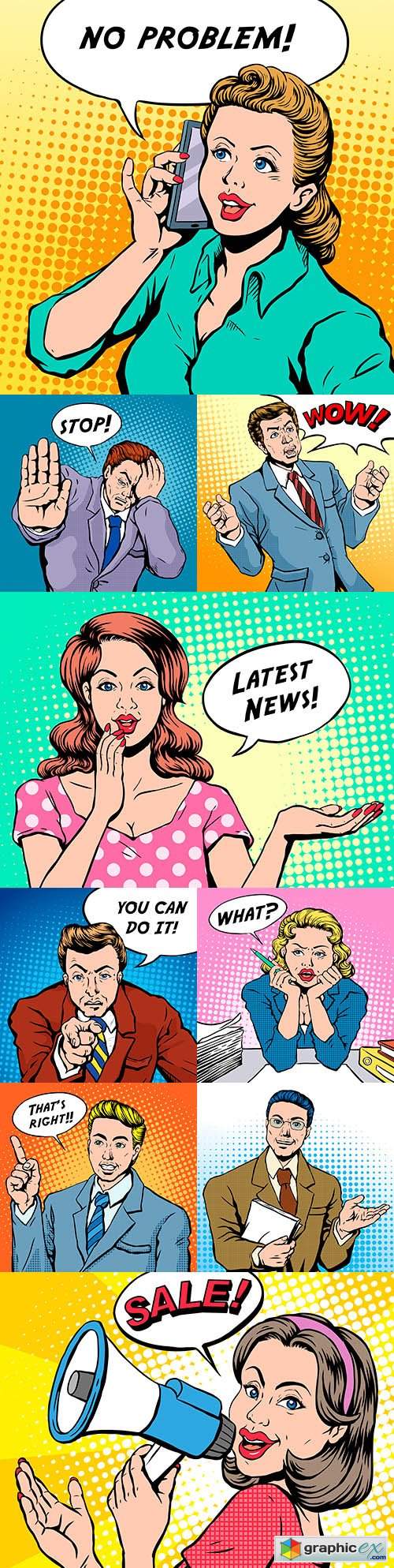  Woman and Man Pop art illustration with speech forms 