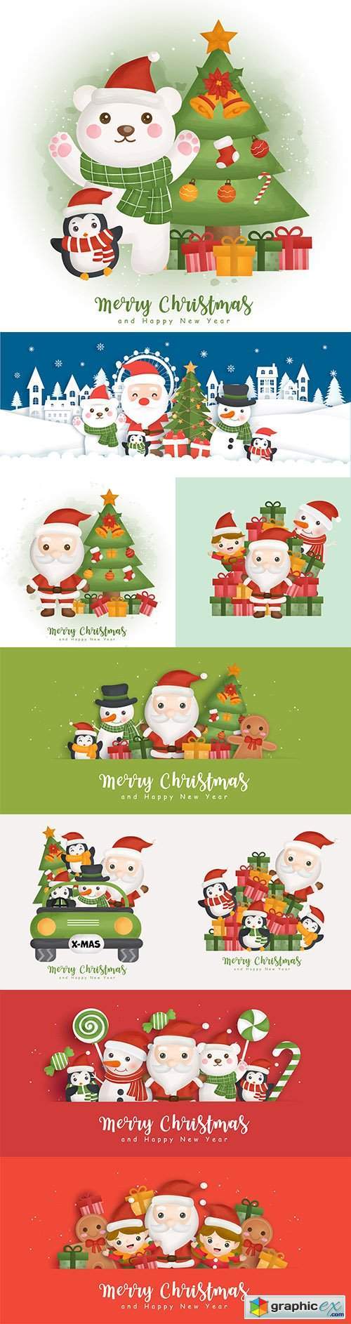 Merry Christmas background with Santa Claus elements and friends