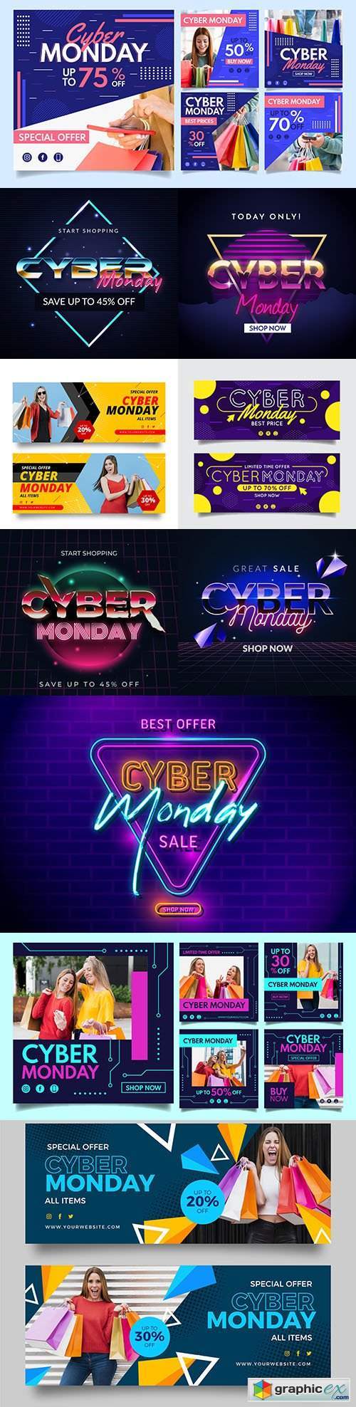 Cyber Monday retro futuristic shopping starts and instagram post