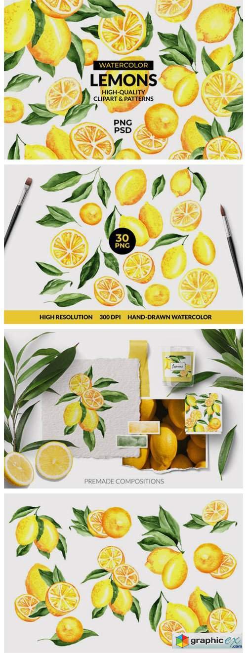 Lemon Watercolor Clipart & Patterns