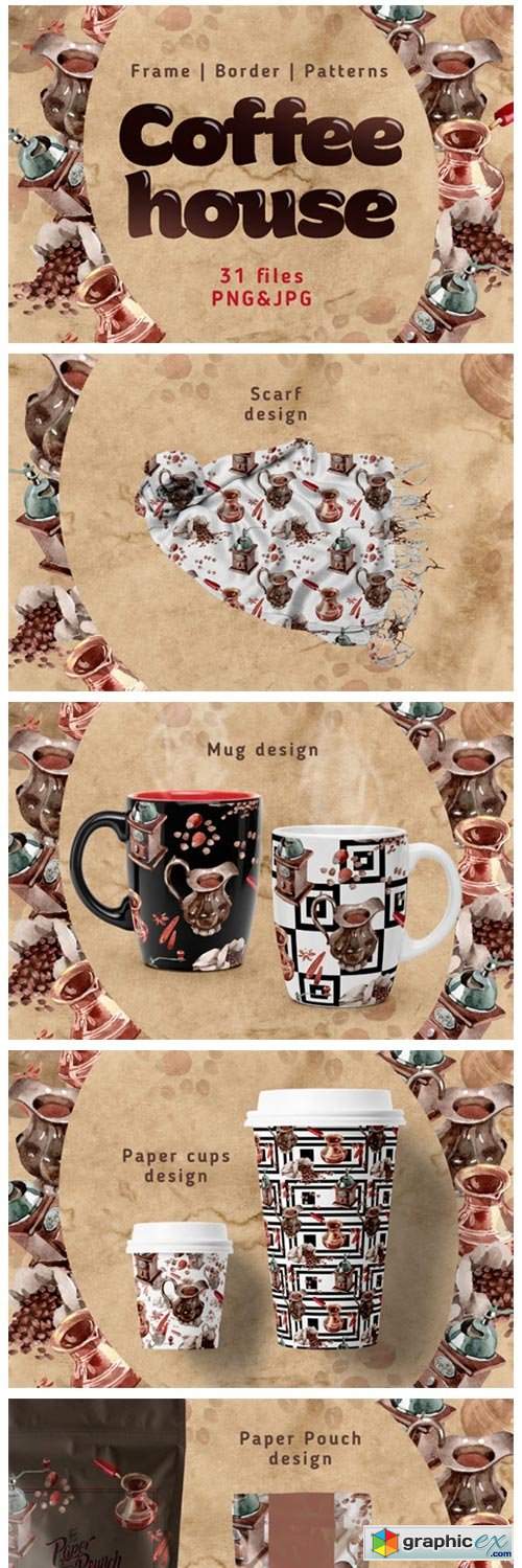  Coffee House PNG Watercolor Set 