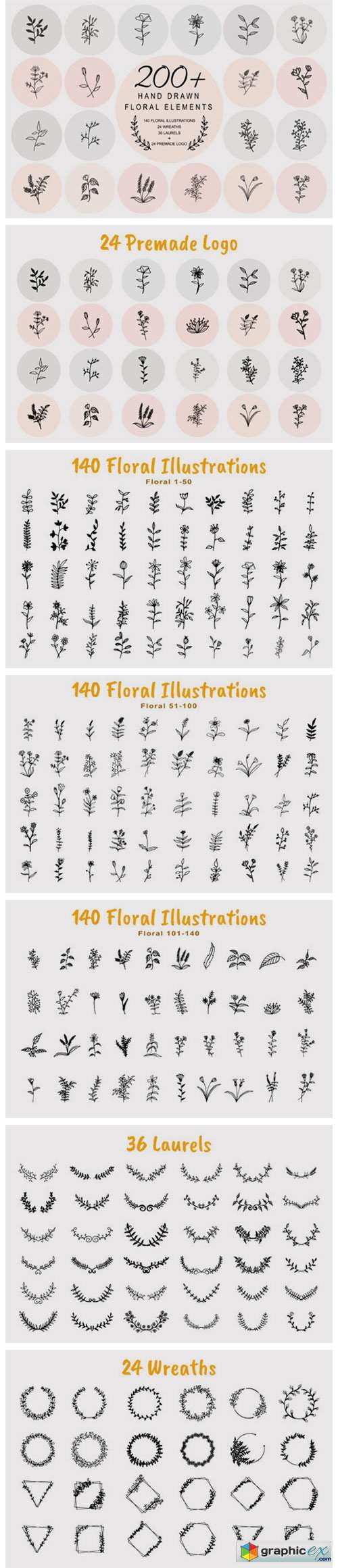  200 Hand Drawn Floral Elements Bundle 