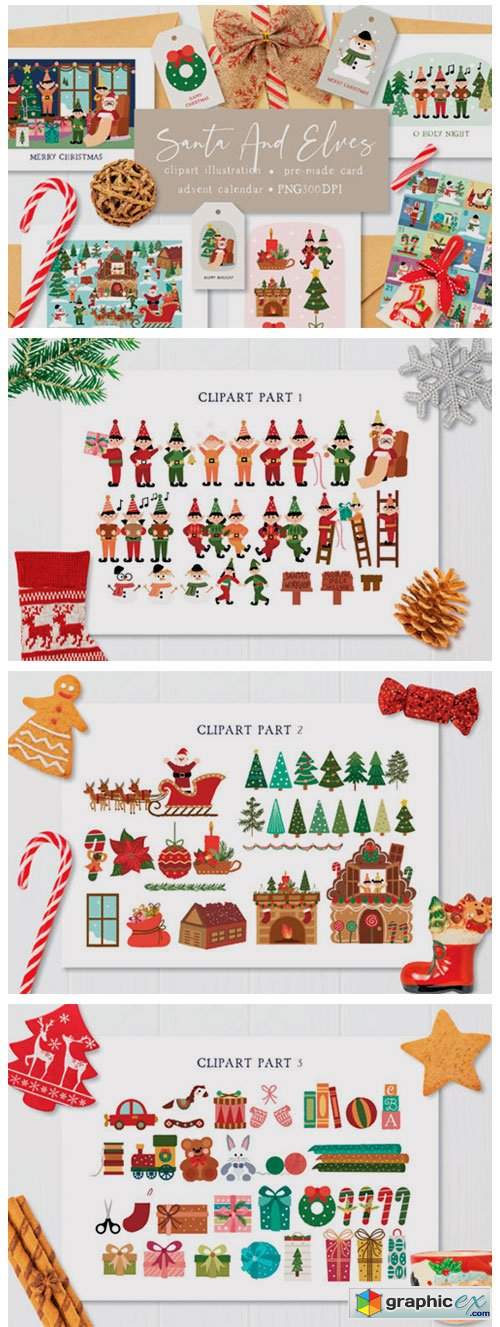  Santa and Elves Clipart Illustration 