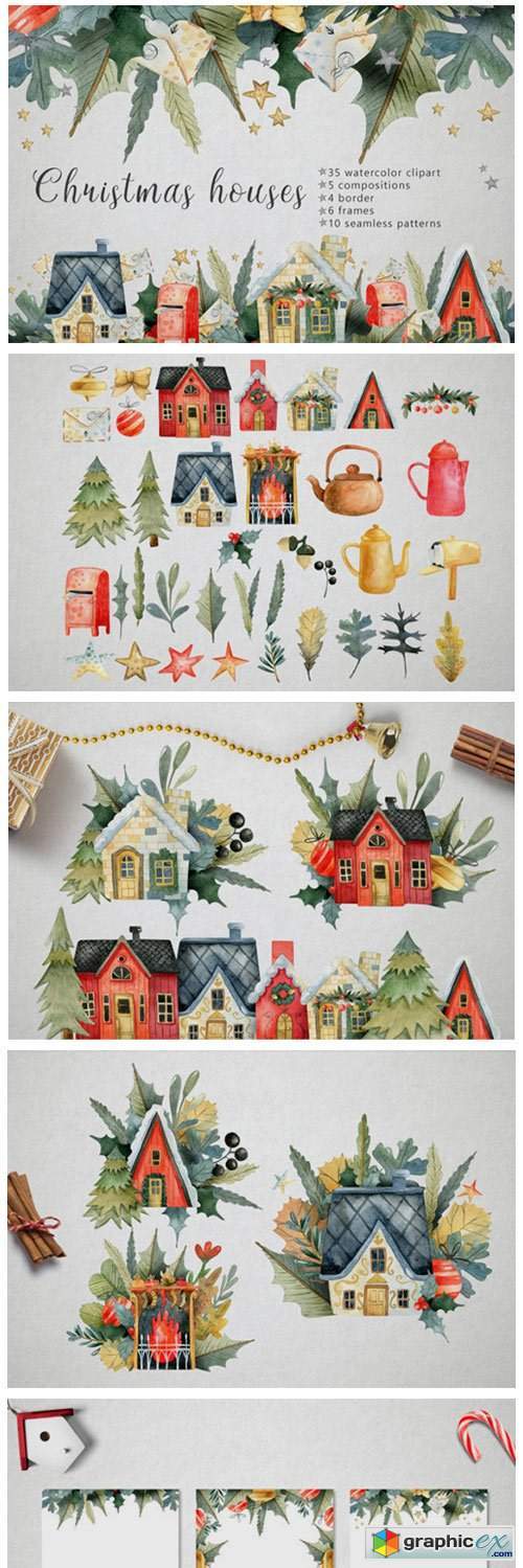 Watercolor Christmas Houses