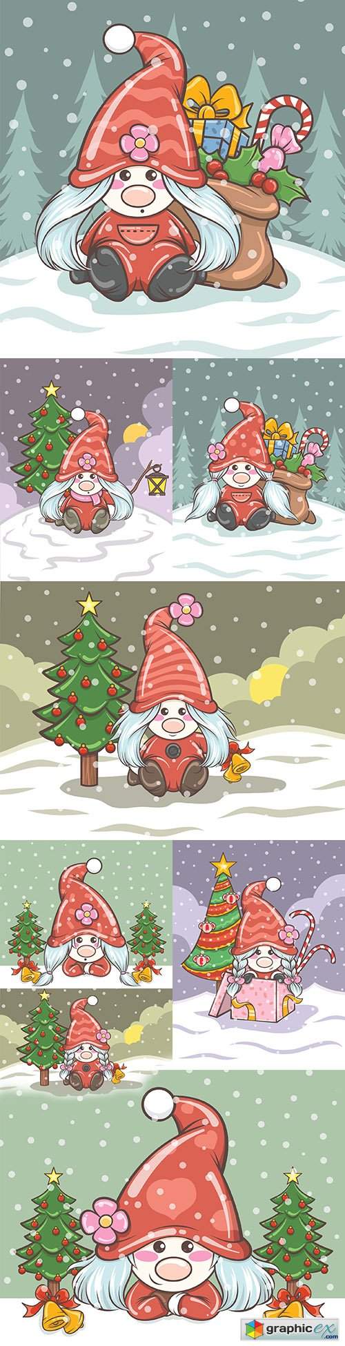  Sweet girl gnome with gifts Christmas illustration 