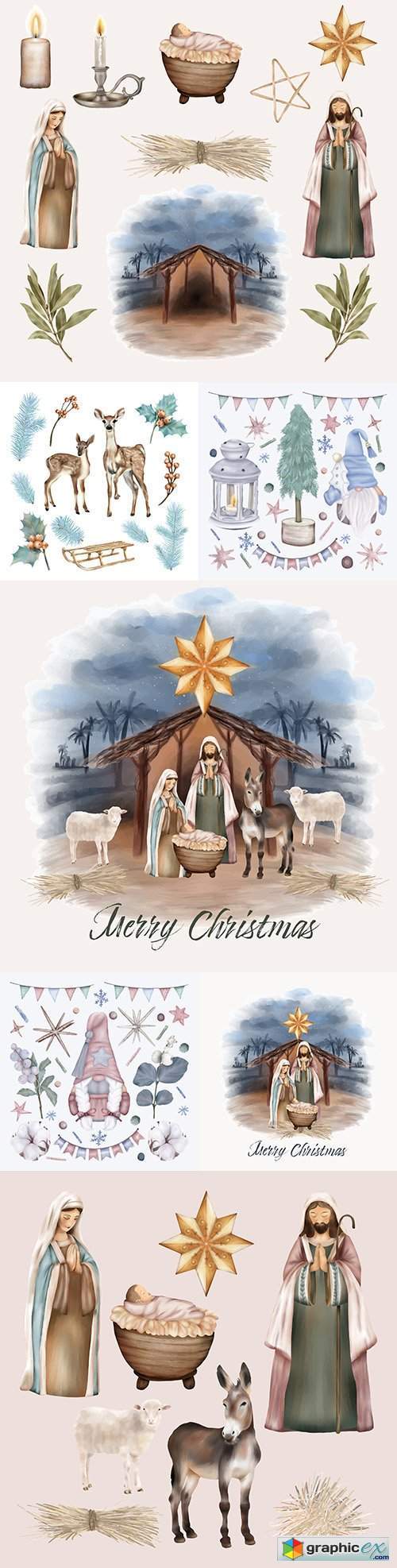 Christmas set Baby Jesus and Virgin Mary Illustration