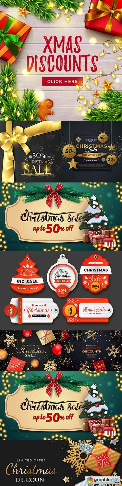 Realistic Christmas sale banner with gifts and snowflakes