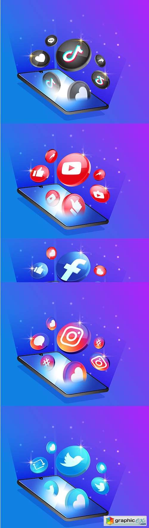  3d social media icons with smartphone symbol 