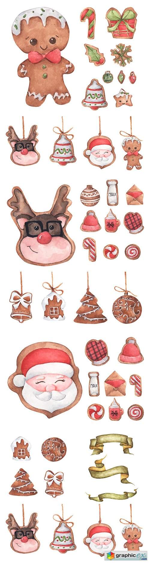  Cute Christmas gingerbread and watercolor cookies illustration 