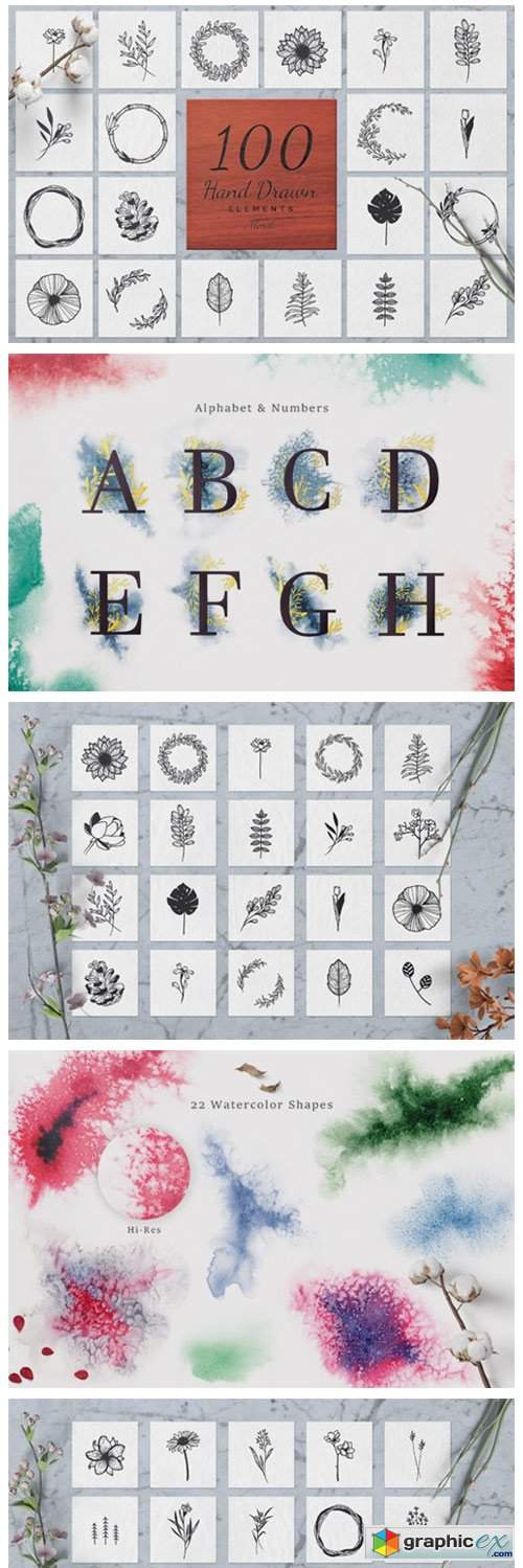  100 Hand Drawn Elements Floral 