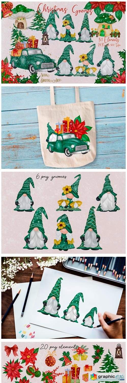  Green Gnomes Christmas Design Clipart 