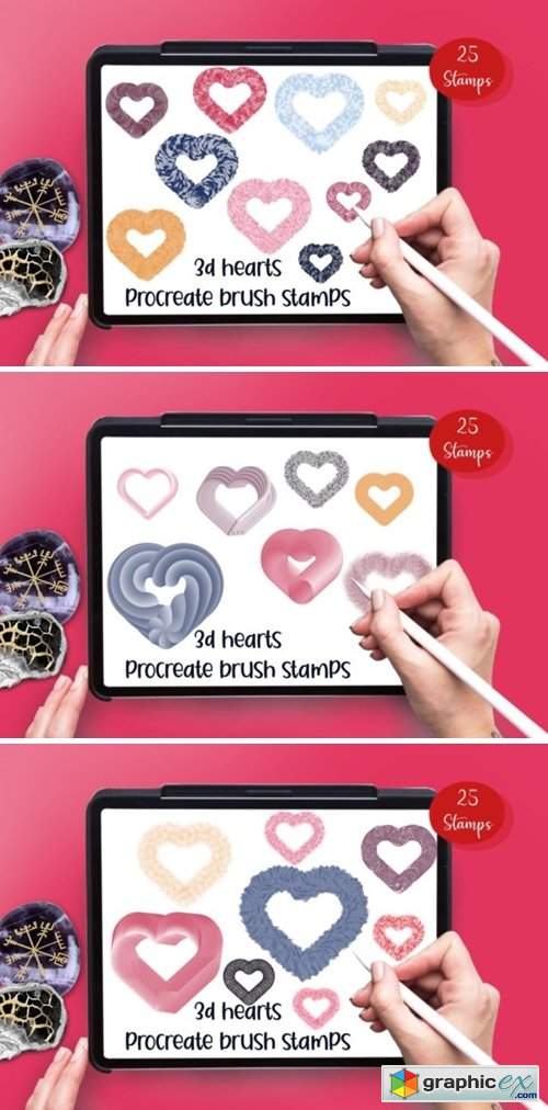 3D Hearts 25 Procreate Brush Stamps 