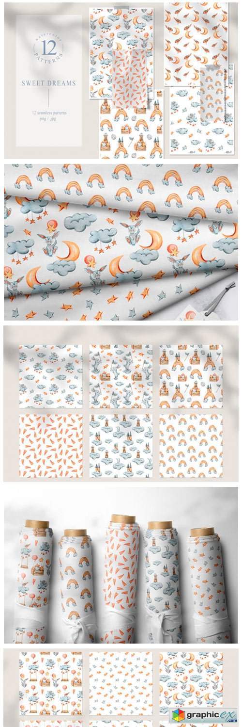 12 Watercolor Bunny Seamless Patterns