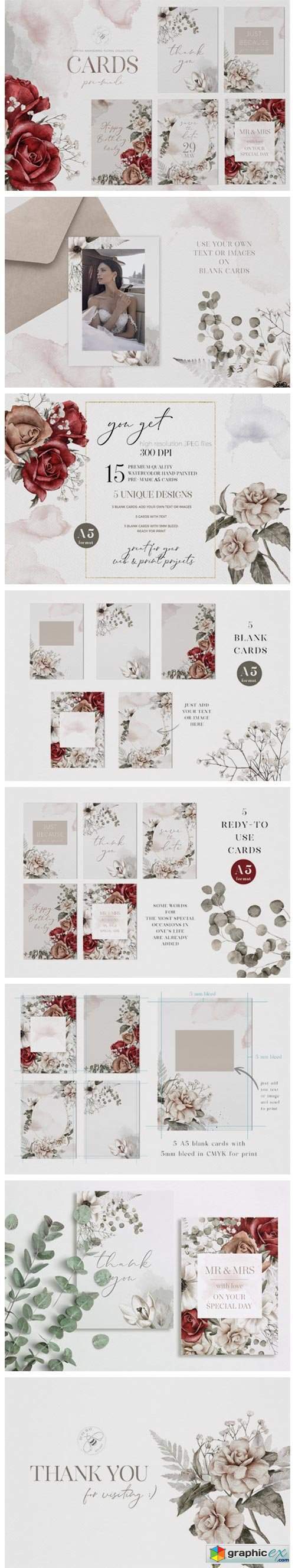 Watercolor Floral Cards Templates CMYK
