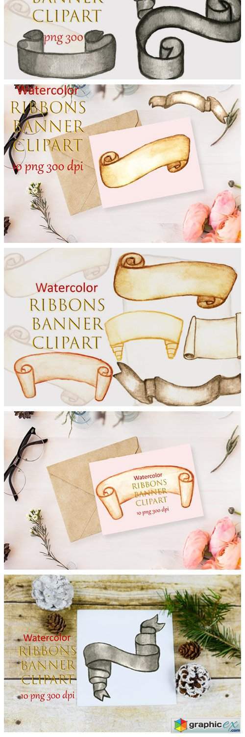 Watercolor Clipart Ribbons Banner Winter