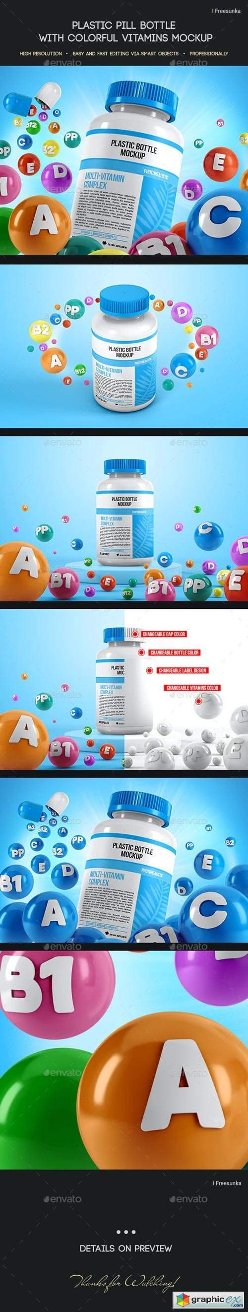 Plastic Pill Bottle With Colorful Vitamins Mockup