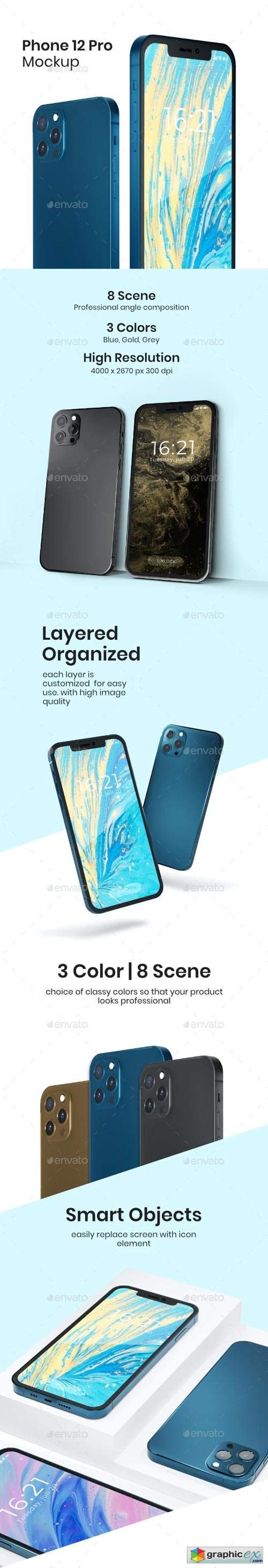 Smartphone 12 Pro Mock-ups PSD in 3 Colors 