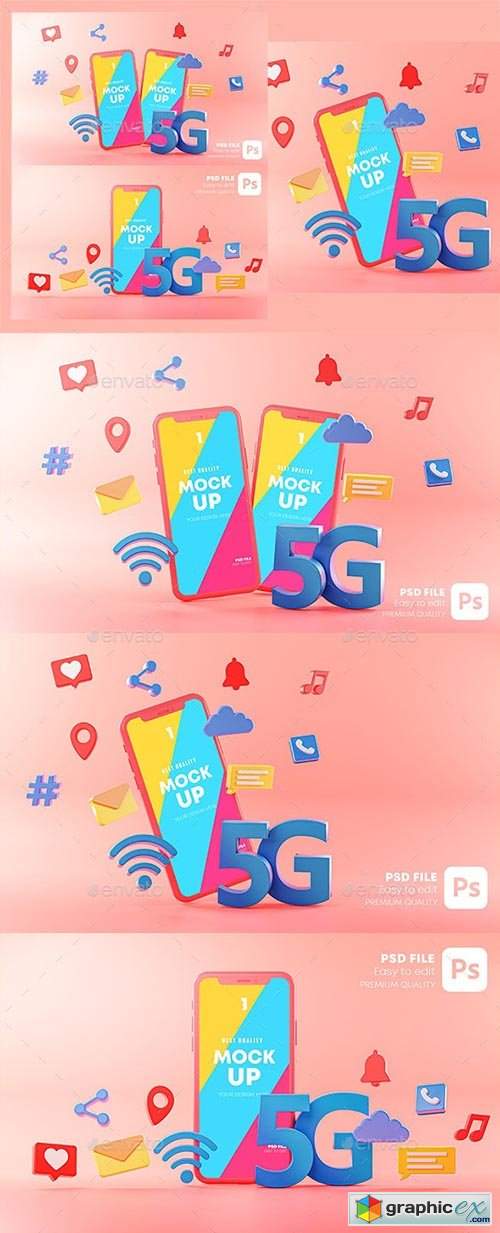 5G Phone Concept Wifi Connection on Pink Background With Icons 3D Rendering. Mockup Template 