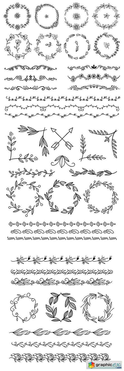 Decorative hand-drawn flowers and patterns elements