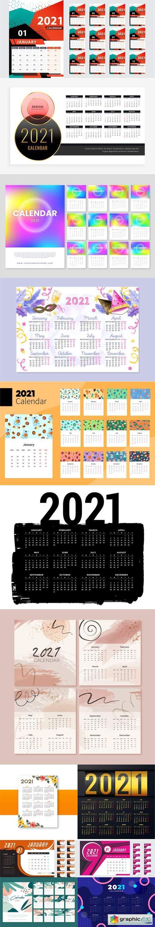 13 New Year 2021 Calendars Templates in Vector