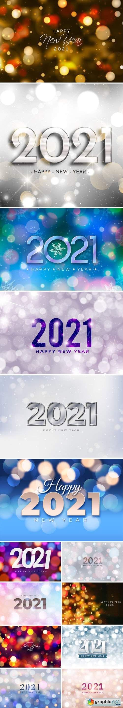 14 Happy New Year 2021 Vector Templates With Blurred Bokeh Lights