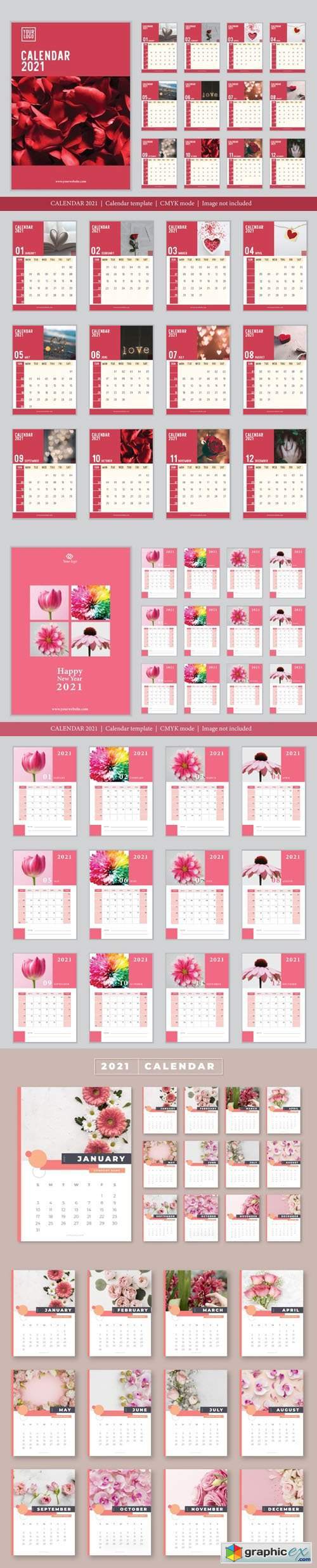 3 Vector Calendars 2021 in Romantic & Rosy Styles