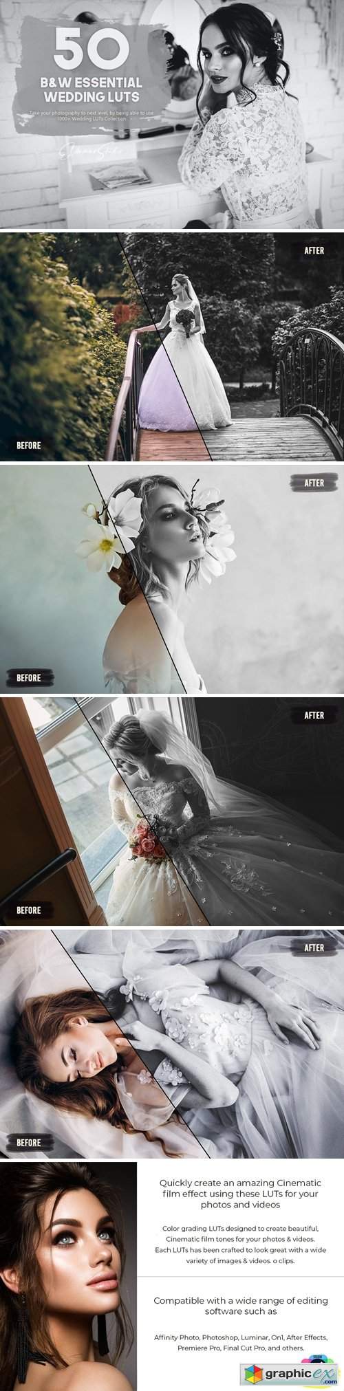  50 Black and White Essential Wedding LUTs Pack 