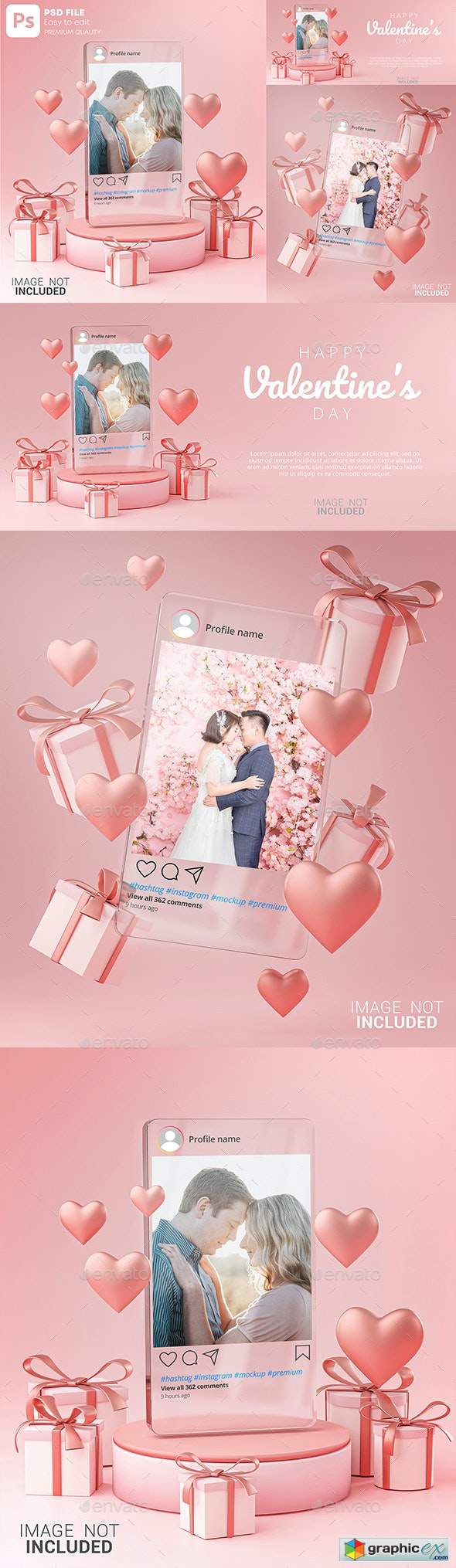 Instagram Post Mockup on Glass Template Valentine Wedding Love Heart Shape and Gift Box 3D Rendering 