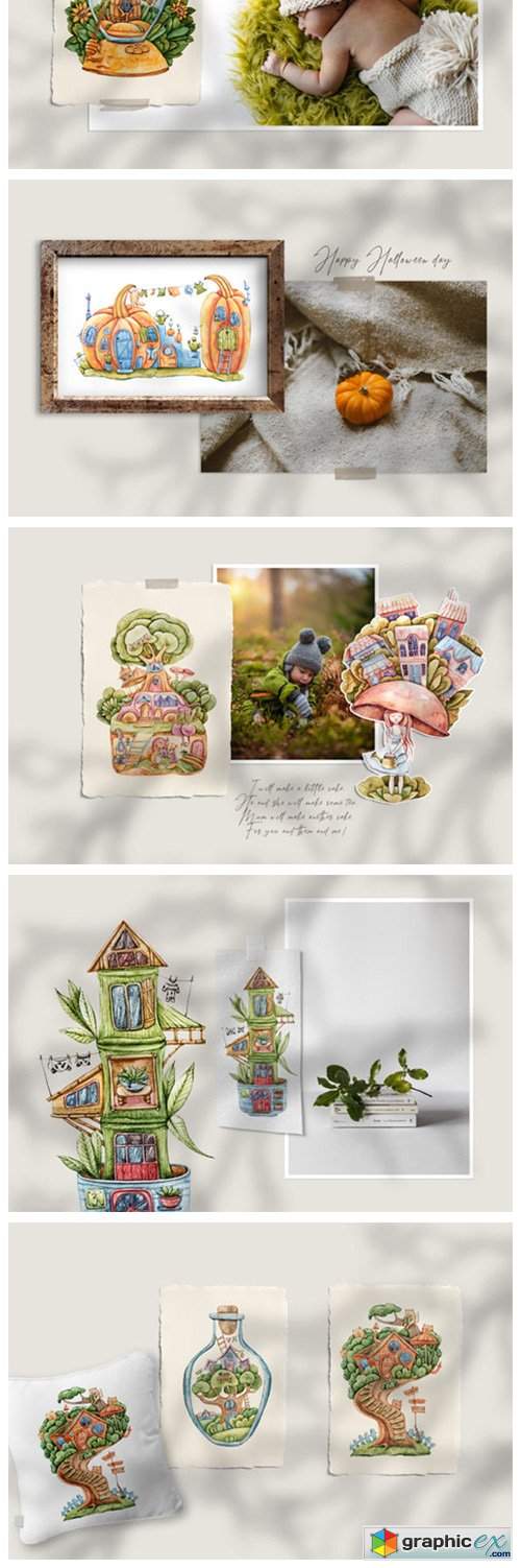  Watercolor Fairy Houses Clipart BUNDLE 