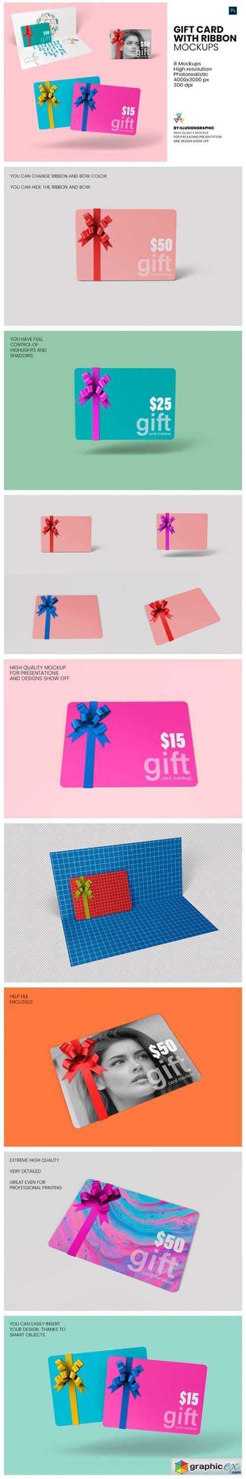 Download Gift Card with Ribbon Mockup - 8 Views » Free Download Vector Stock Image Photoshop Icon