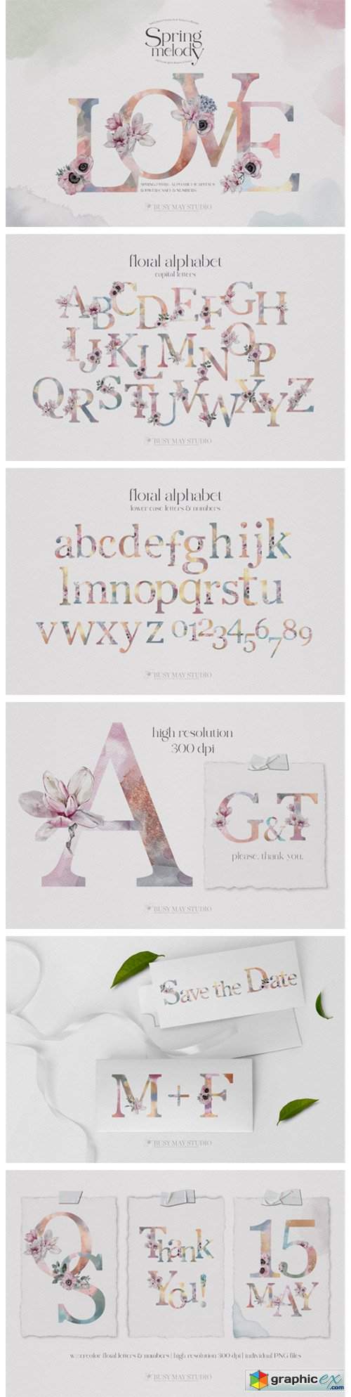  Watercolor Floral Alphabet Numbers PNG 