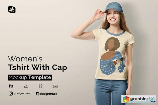 Women's Tshirt With Cap Mockup 
