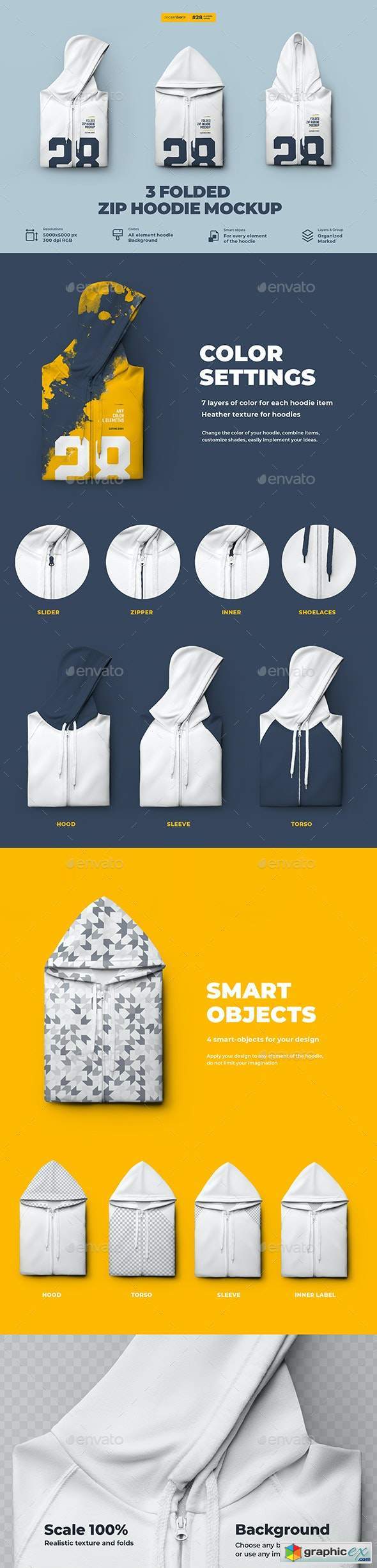 3 Folded Zip Hoodie Mockup