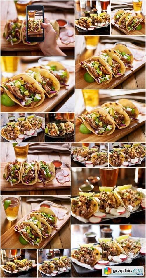 Three different mexican street tacos with shrimp, steak, and fish - 16xHQ JPEG