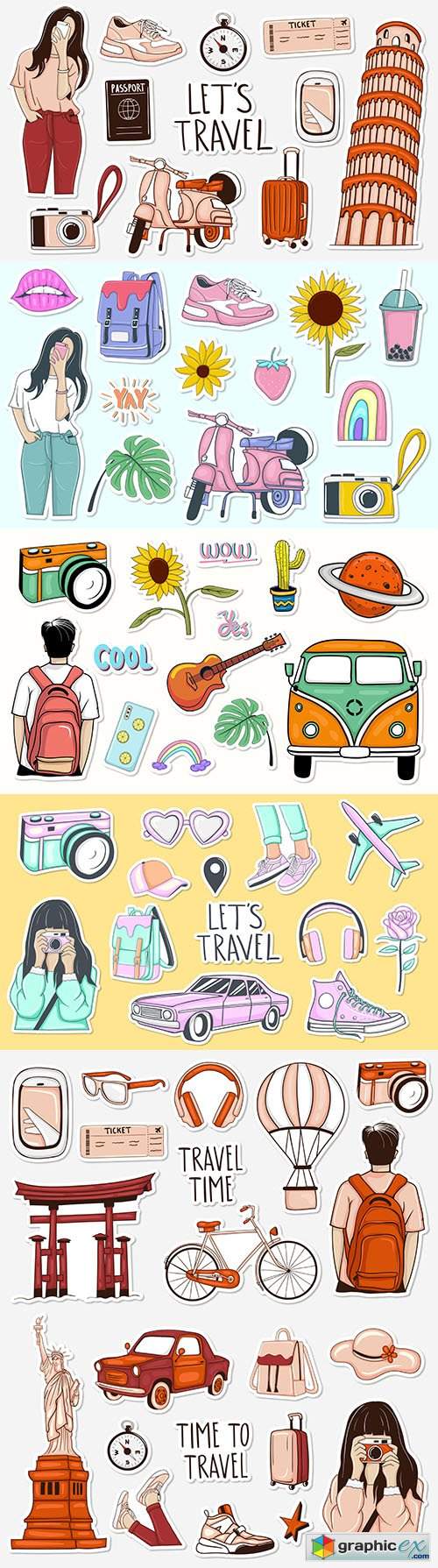  Tourism and recreation collection of colorful painted stickers 