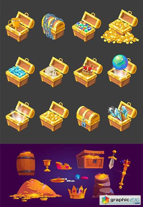  Treasure chests isometric cartoon icon set 