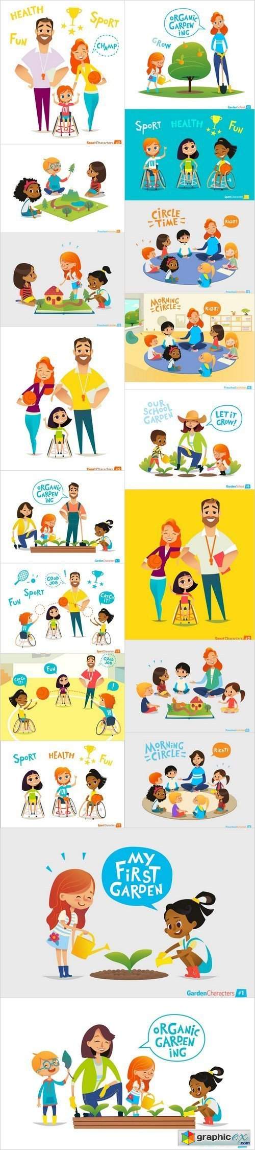  Cartoon people and Physical disability - social project - Set of 18xEPS Professional Vector Stock 