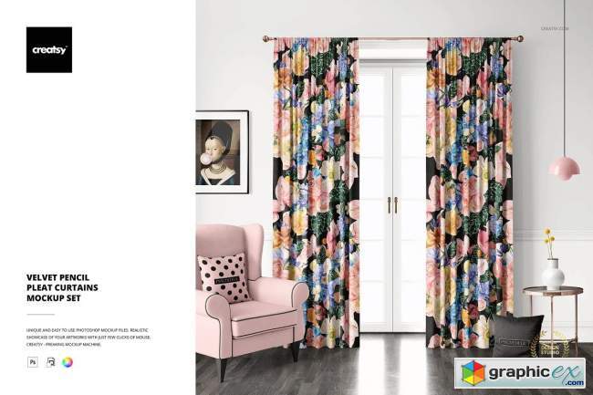 Velvet Pencil Pleat Curtains Mockup 