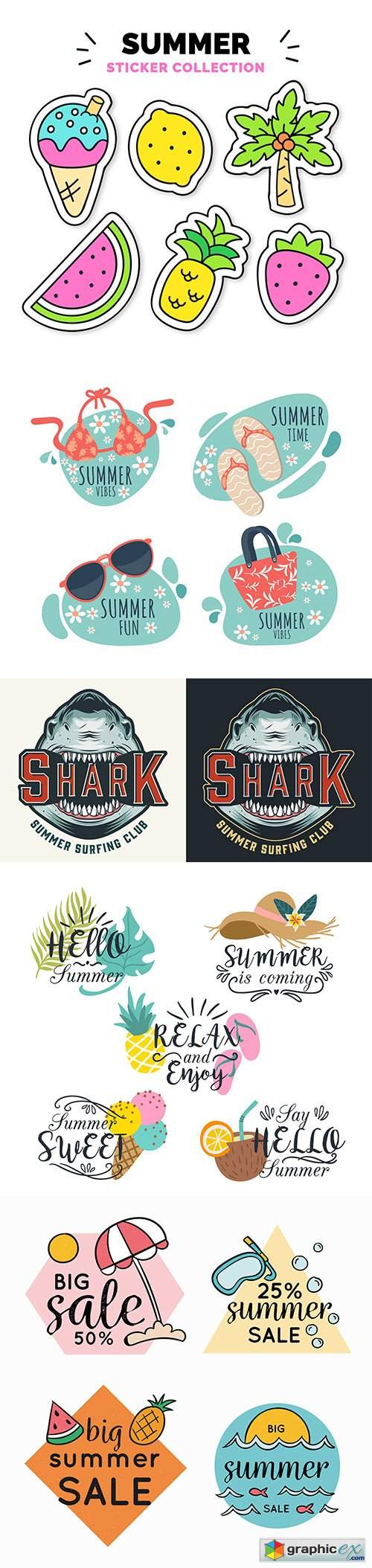  Colorful hand-drawn summer badge collection and surfing club logo 