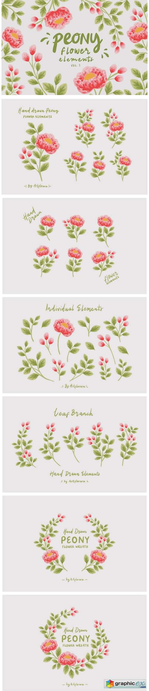  Natural Peony Flower Clipart Element Set 