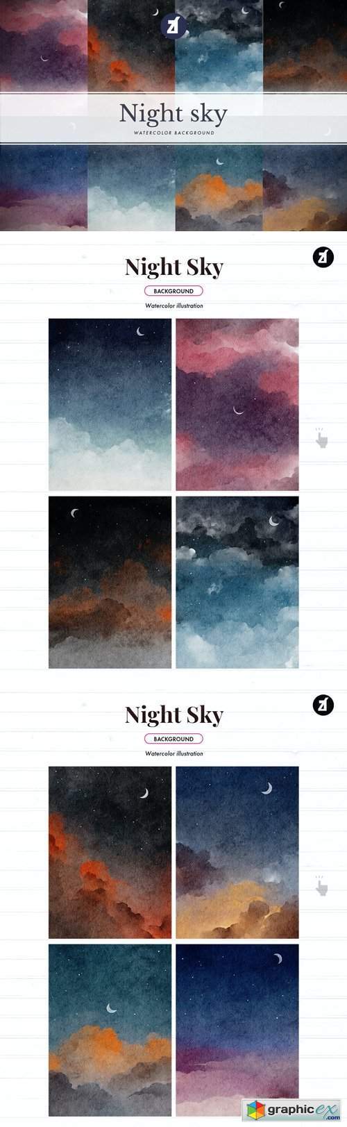 8 Night sky watercolor background