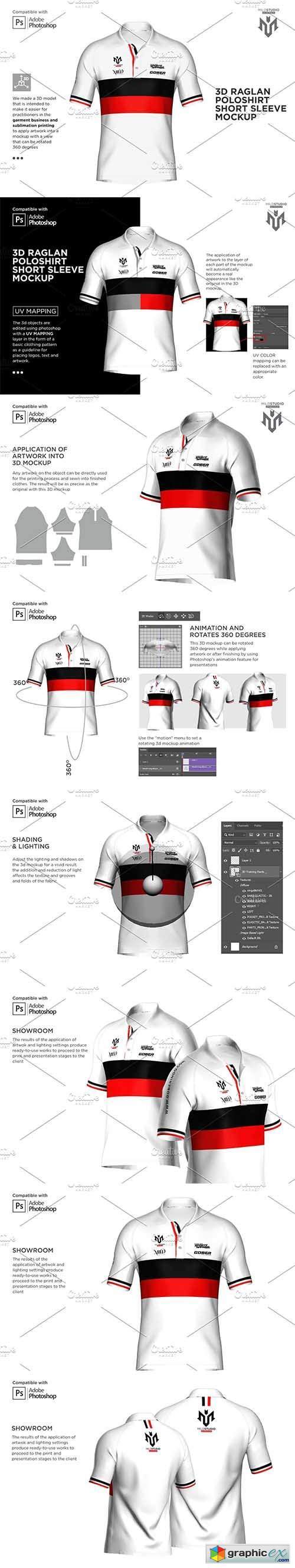 3D Raglan Polo shirt SS Mockup