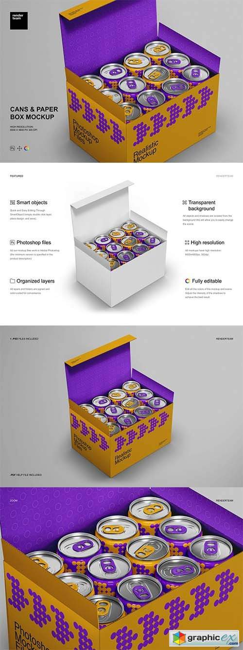  Cans and Paper Box Mockup 