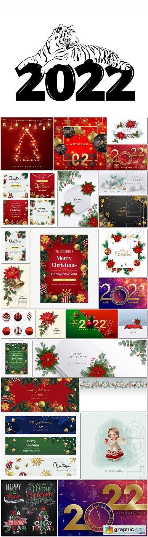  Christmas and New Year set in vector, Christmas toys, Santa, garlands, holiday decorations 
