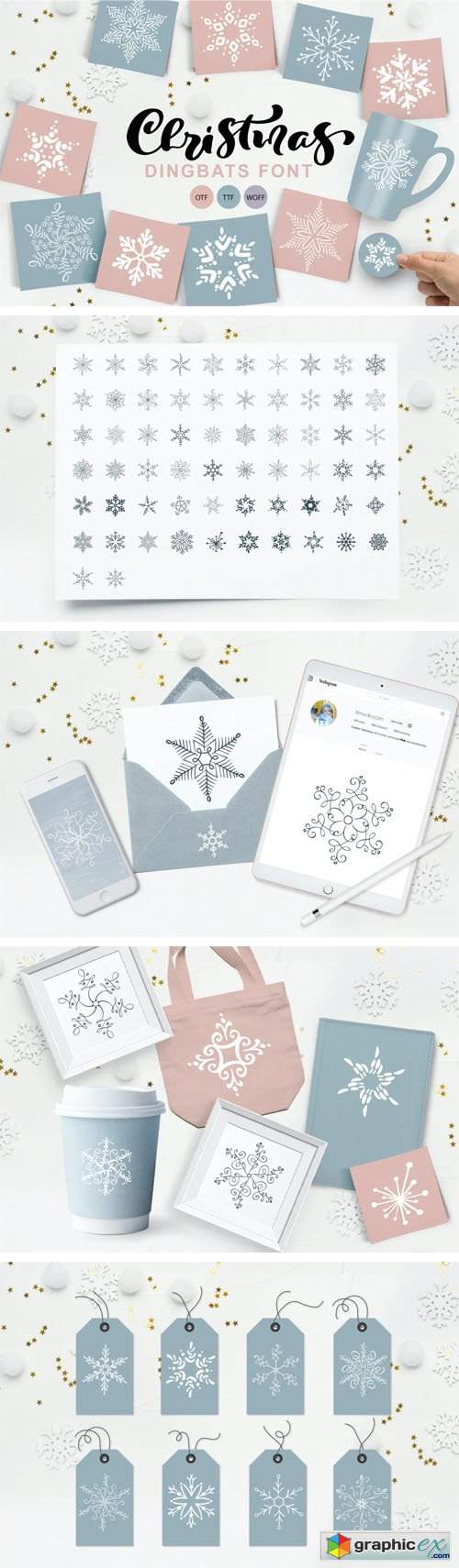  Christmas Snowflake Dingbats - Hand Drawn Doodle Symbol Font 