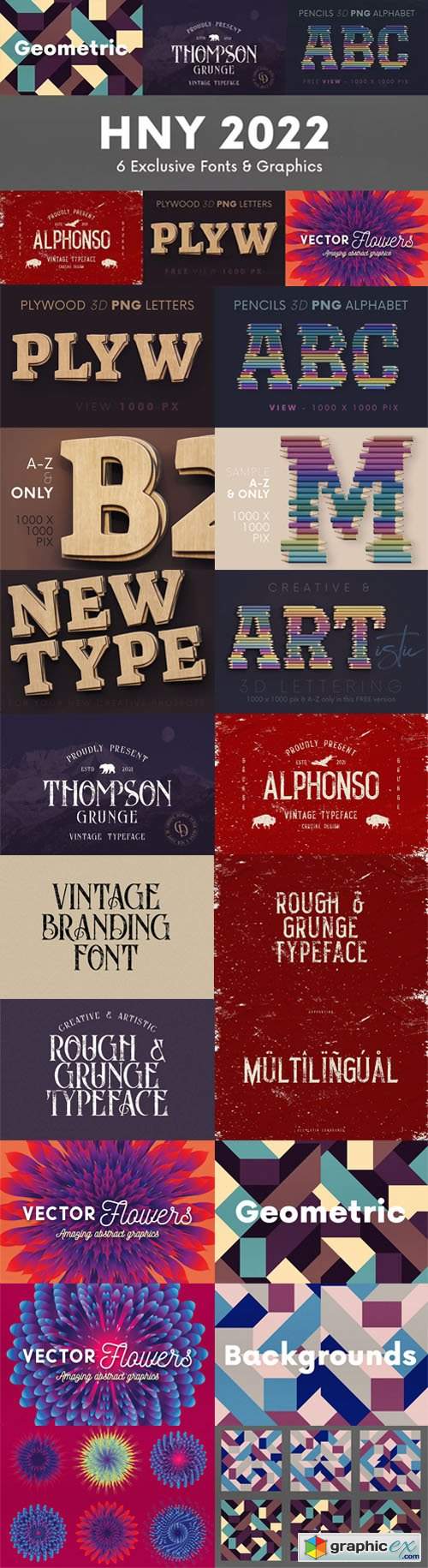  New Year 2022 Design Resources Collection Vol.2 - 6 Exclusive Fonts & Graphics 