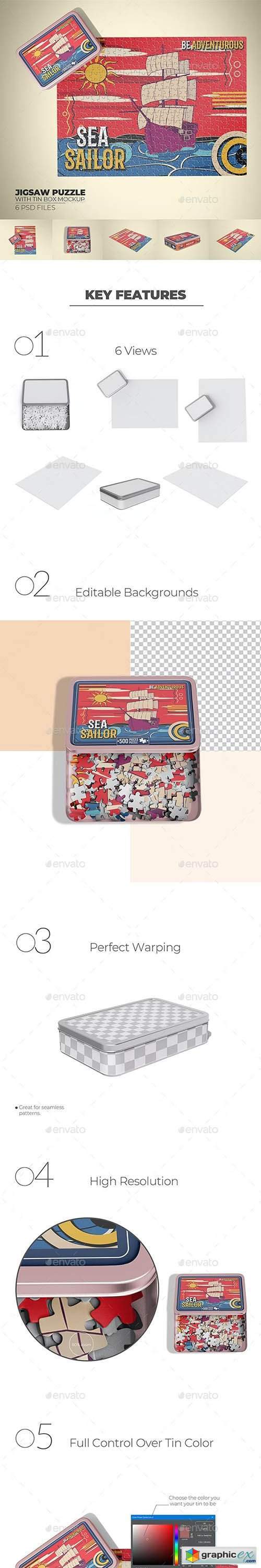 Jigsaw Puzzle Board With Rectangular Tin Box Mockup 36581388